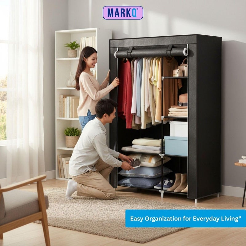 MARKQ خزانة محمولة، منظم تخزين الملابس - 17.7 × 41.3 × 66.1 بوصة، رف ملابس قابل للطي، تخزين خزانة، خفيف الوزن ودائم، ألوان متنوعة (أسود/أزرق داكن/بني/ماروني/رمادي) - Image 5