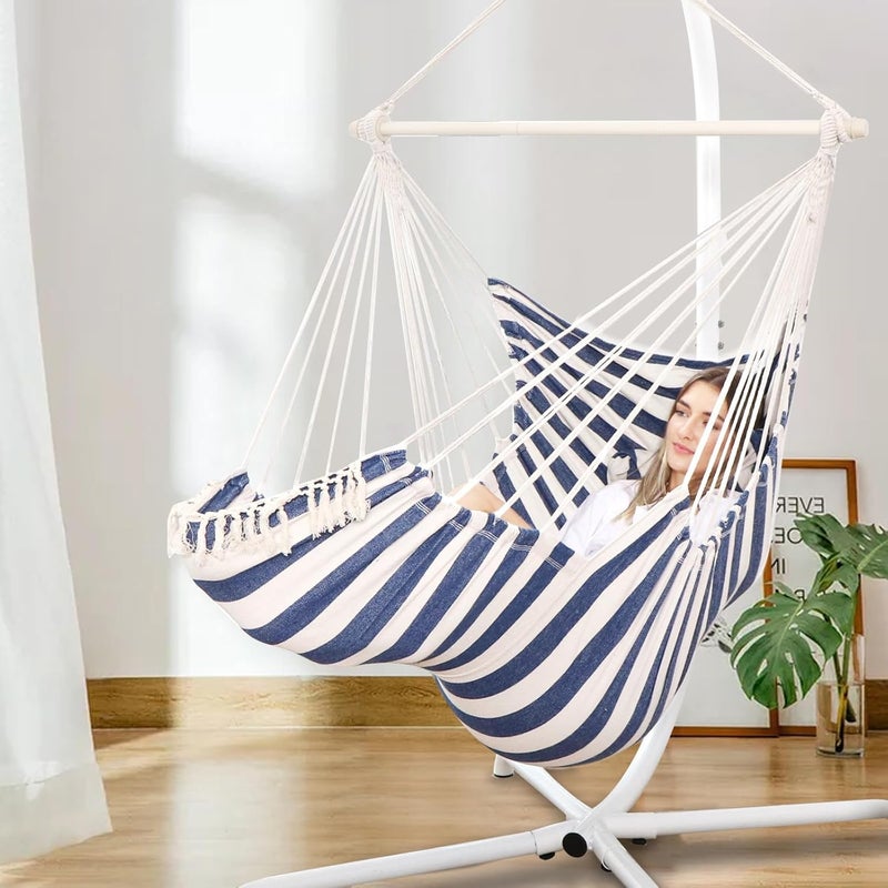 Chihee Hammock Chair Hanging Chair with Foot Rest 2 Cushions Max 500lbs Robust Metal Spreader Bar Collapsible Easy Storage Soft Cotton Swing Chair Strong Strap Iron Carabiner Side Pocket Included - Image 2