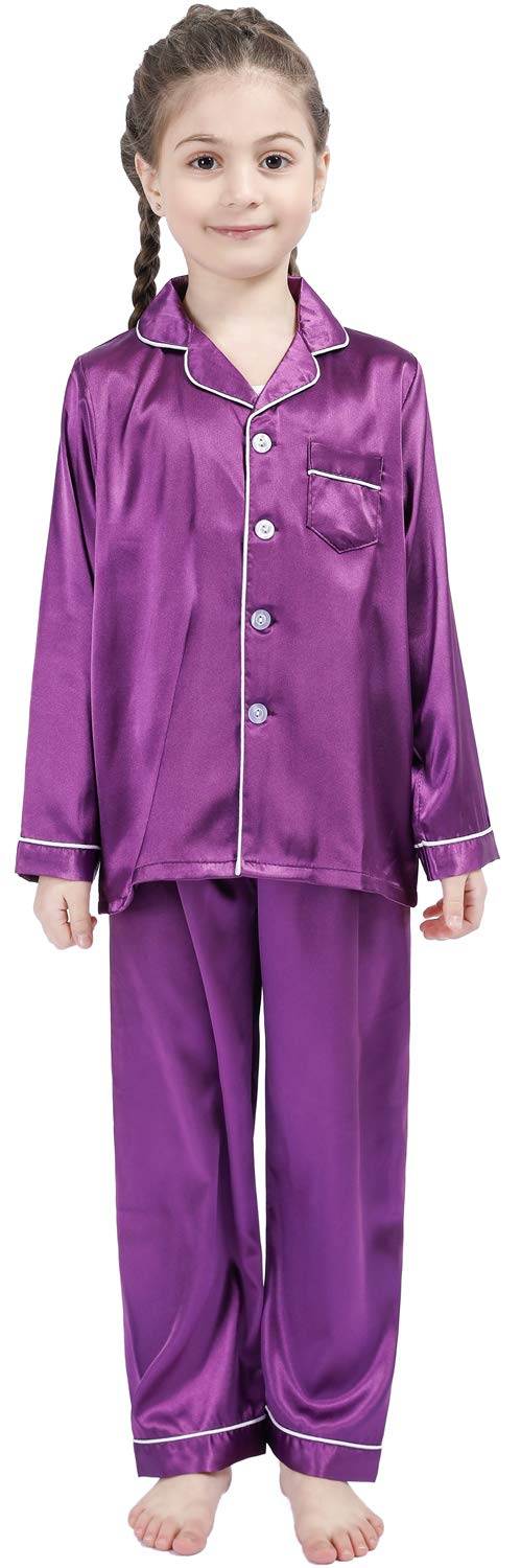 OEIU Kid Silky Satin Pajamas Set for Girls Boys pj Set Sleepwear Button-up Lounge Sets Nightwear Purple 160 - Image 3