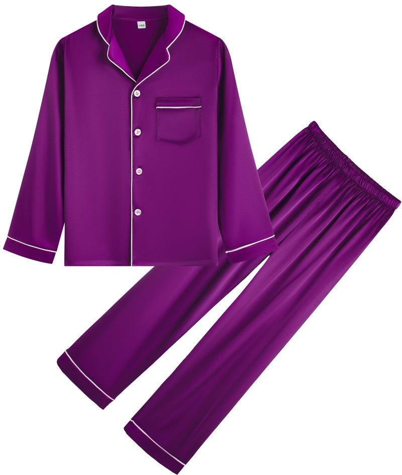 OEIU Kid Silky Satin Pajamas Set for Girls Boys pj Set Sleepwear Button-up Lounge Sets Nightwear Purple 160 - Image 1