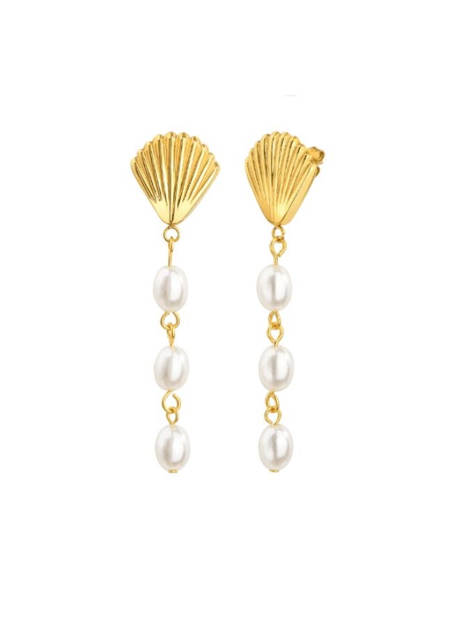 Andaazs Andaazs Women’s Aura Pearl Shell Drop Earrings – 18K Gold-Plated Stainless Steel with Faux Pearls  – Elegant Vintage-Inspired Jewelry  - Image 3