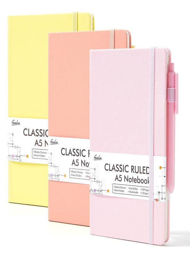 Feela A5 Notebooks Multipack, Feela 3 Pack Ruled Lined Notepads A5 (120 GSM), Hardback Journal Notebook with 3 Black Gel Pens, 128 Pages/Pack, 21 x 13cm, Pastel Colours, Pale Yellow, Light Pink, Pale Orange - Image 1