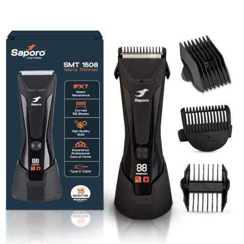 Saporo Cordless Multi Trimmer for Men - Curved blade Shaver for Beard, Body, Balls, Pubic Hair, Private Parts - 4 Combs - 120 min Runtime - Digital Display with Charging Dock - Waterproof - 4000k LED - Image 1