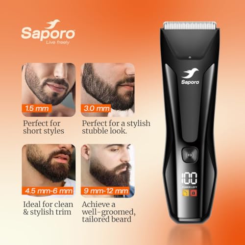 Saporo Cordless Multi Trimmer for Men - Curved blade Shaver for Beard, Body, Balls, Pubic Hair, Private Parts - 4 Combs - 120 min Runtime - Digital Display with Charging Dock - Waterproof - 4000k LED - Image 2