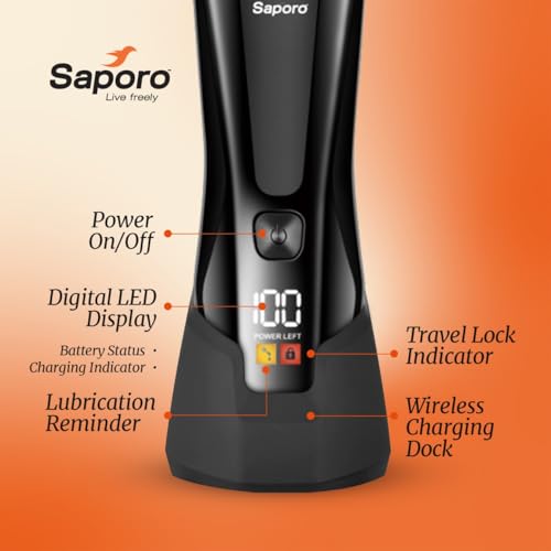 Saporo Cordless Multi Trimmer for Men - Curved blade Shaver for Beard, Body, Balls, Pubic Hair, Private Parts - 4 Combs - 120 min Runtime - Digital Display with Charging Dock - Waterproof - 4000k LED - Image 4