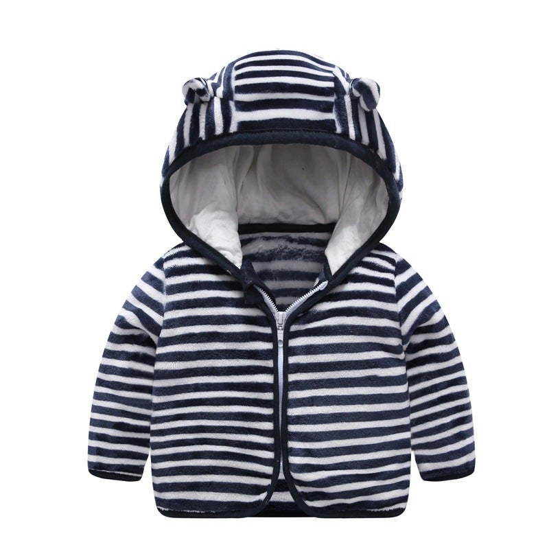 Baby Bear Fleece Hoodie Unisex Soft Warm Jacket Single coat striped blue and white 