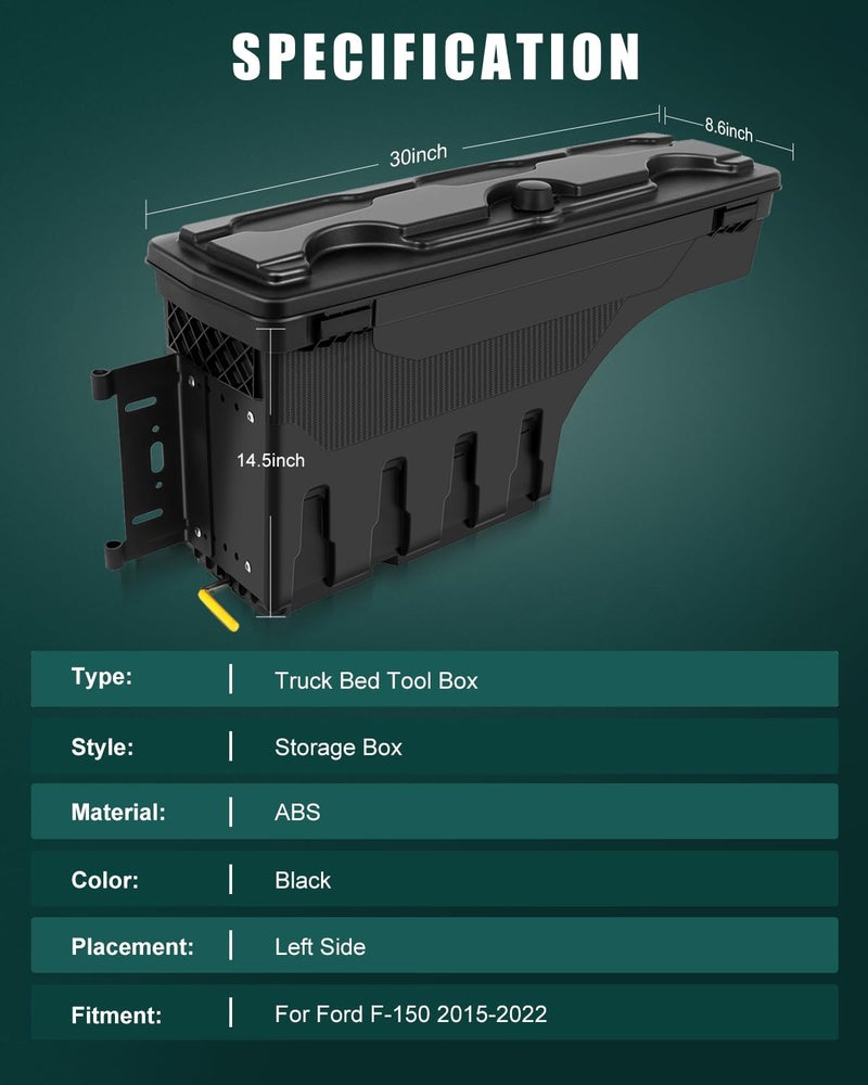 SCITOO صندوق أدوات SCITOO | يناسب فورد F-150 2015-2022 | صندوق تخزين سرير الشاحنة، الجانب الأيسر للسائق - Image 2