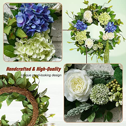 Soomeir 23 Inch Summer Wreaths for Front Door, Soomeir Blue and Green Hydrangea Flower Door Wreaths Outside, Floral Spring Wreath, Artificial Decor Decorations for Outdoor, Indoors, All Seasons - Image 4