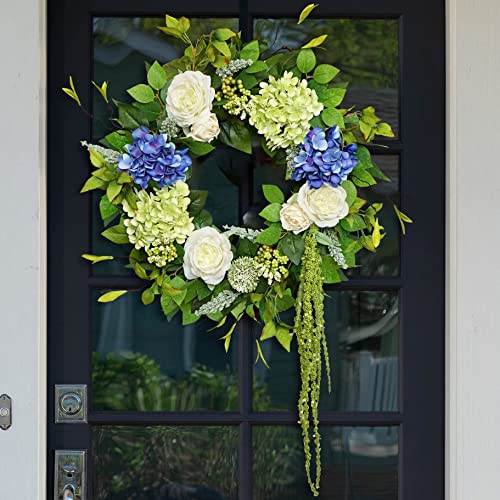 Soomeir 23 Inch Summer Wreaths for Front Door, Soomeir Blue and Green Hydrangea Flower Door Wreaths Outside, Floral Spring Wreath, Artificial Decor Decorations for Outdoor, Indoors, All Seasons - Image 1