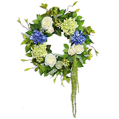 Soomeir 23 Inch Summer Wreaths for Front Door, Soomeir Blue and Green Hydrangea Flower Door Wreaths Outside, Floral Spring Wreath, Artificial Decor Decorations for Outdoor, Indoors, All Seasons - Image 3