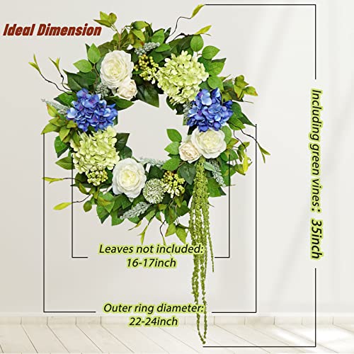 Soomeir 23 Inch Summer Wreaths for Front Door, Soomeir Blue and Green Hydrangea Flower Door Wreaths Outside, Floral Spring Wreath, Artificial Decor Decorations for Outdoor, Indoors, All Seasons - Image 2