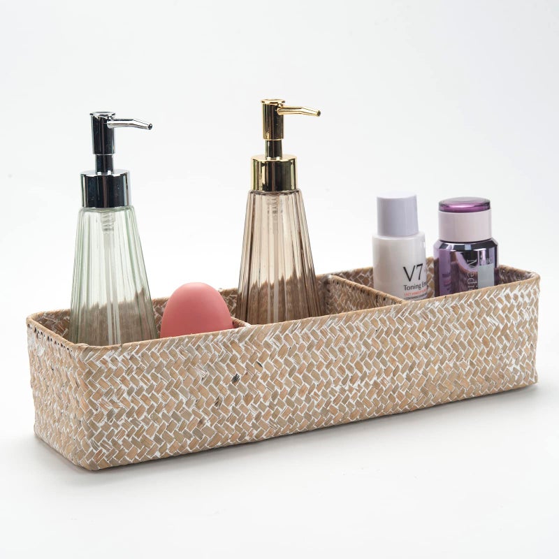 DECRAFTS Seagrass Storage Basket 3 Sections Woven Shelf Baskets with Compartment (Whitewash, 14.6inch x 4.7inch x 3.1inch) - Image 1