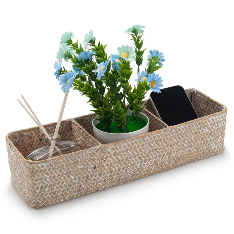 DECRAFTS Seagrass Storage Basket 3 Sections Woven Shelf Baskets with Compartment (Whitewash, 14.6inch x 4.7inch x 3.1inch) - Image 2