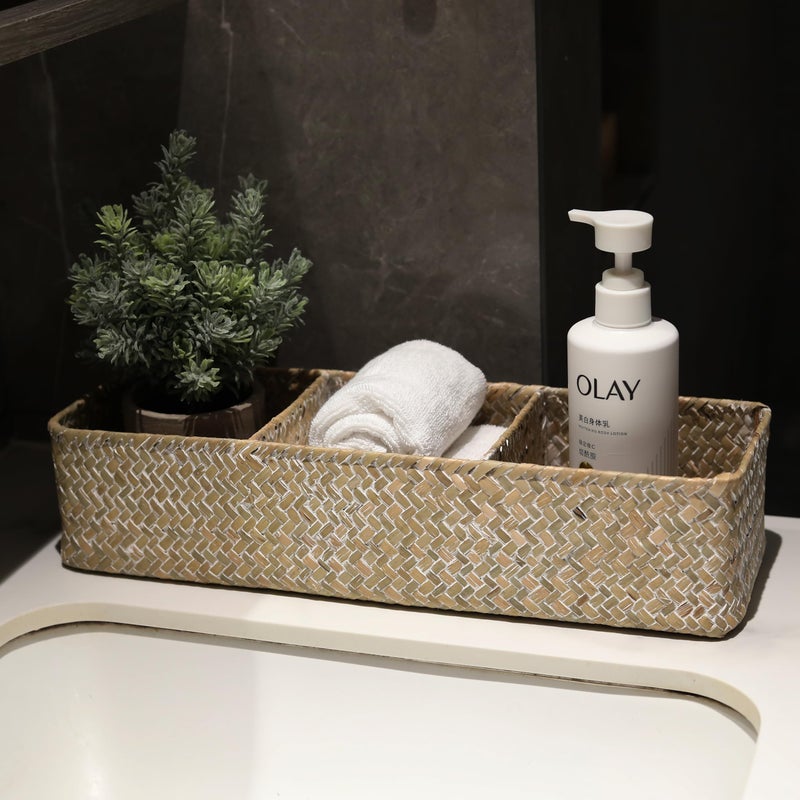 DECRAFTS Seagrass Storage Basket 3 Sections Woven Shelf Baskets with Compartment (Whitewash, 14.6inch x 4.7inch x 3.1inch) - Image 5
