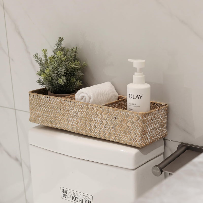 DECRAFTS Seagrass Storage Basket 3 Sections Woven Shelf Baskets with Compartment (Whitewash, 14.6inch x 4.7inch x 3.1inch) - Image 4