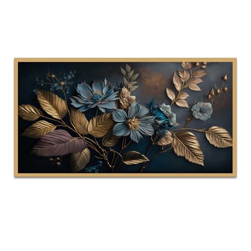 DEKORSTATION Elegant Blue Flower Golden Leaf Canvas Painting for Home Decor|Floral Canvas Painting Wall Decoration|Wall Art for Living Room|Wall Paintings for Home Décor|Size: 12x24 Inch (FF_825DS) - Image 2