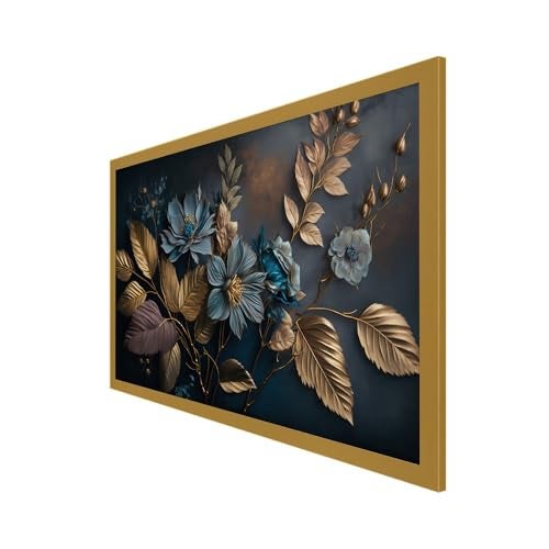 DEKORSTATION Elegant Blue Flower Golden Leaf Canvas Painting for Home Decor|Floral Canvas Painting Wall Decoration|Wall Art for Living Room|Wall Paintings for Home Décor|Size: 12x24 Inch (FF_825DS) - Image 3