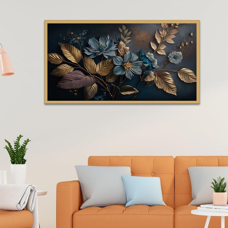 DEKORSTATION Elegant Blue Flower Golden Leaf Canvas Painting for Home Decor|Floral Canvas Painting Wall Decoration|Wall Art for Living Room|Wall Paintings for Home Décor|Size: 12x24 Inch (FF_825DS) - Image 5
