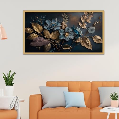 DEKORSTATION Elegant Blue Flower Golden Leaf Canvas Painting for Home Decor|Floral Canvas Painting Wall Decoration|Wall Art for Living Room|Wall Paintings for Home Décor|Size: 12x24 Inch (FF_825DS) - Image 1