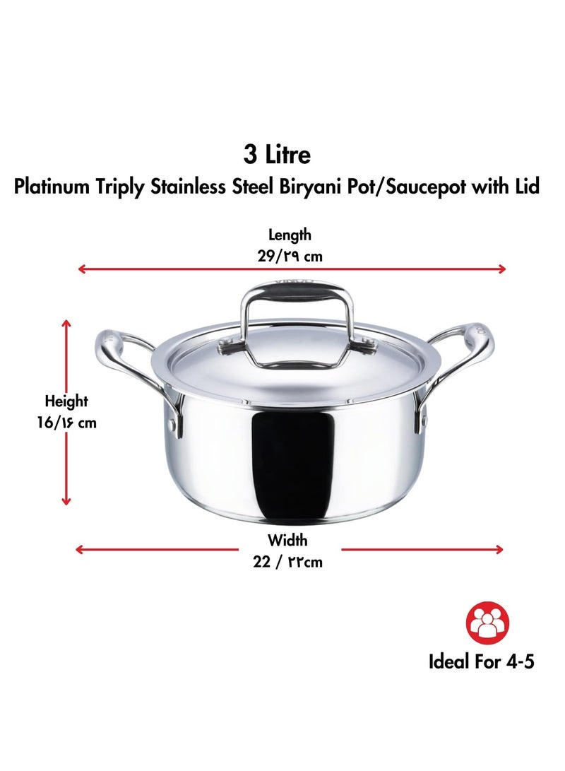 Vinod Platinum Triply Stainless Steel Saucepot with Lid - 20 cm, 3 L, 2.5mm Thickness, Silver (Induction Friendly) - Image 3