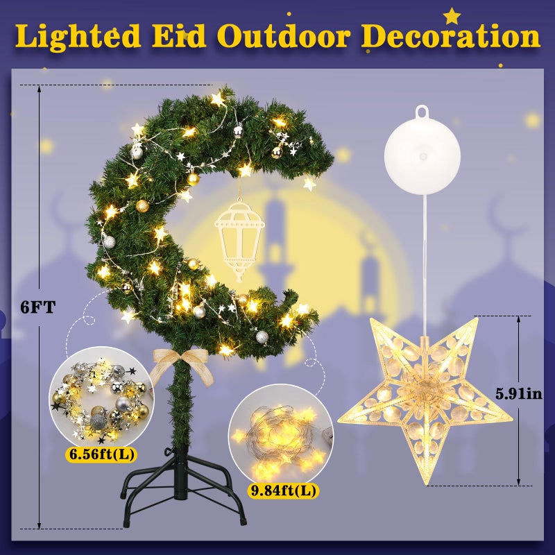 Glooglitter 6ft Ramadan Moon Tree: Lighted Crescent Artificial Tree with Star String LED Eid Outdoor Decoration for Eid Ramadan Garden Home Bedroom Party Decor(Green) - Image 2