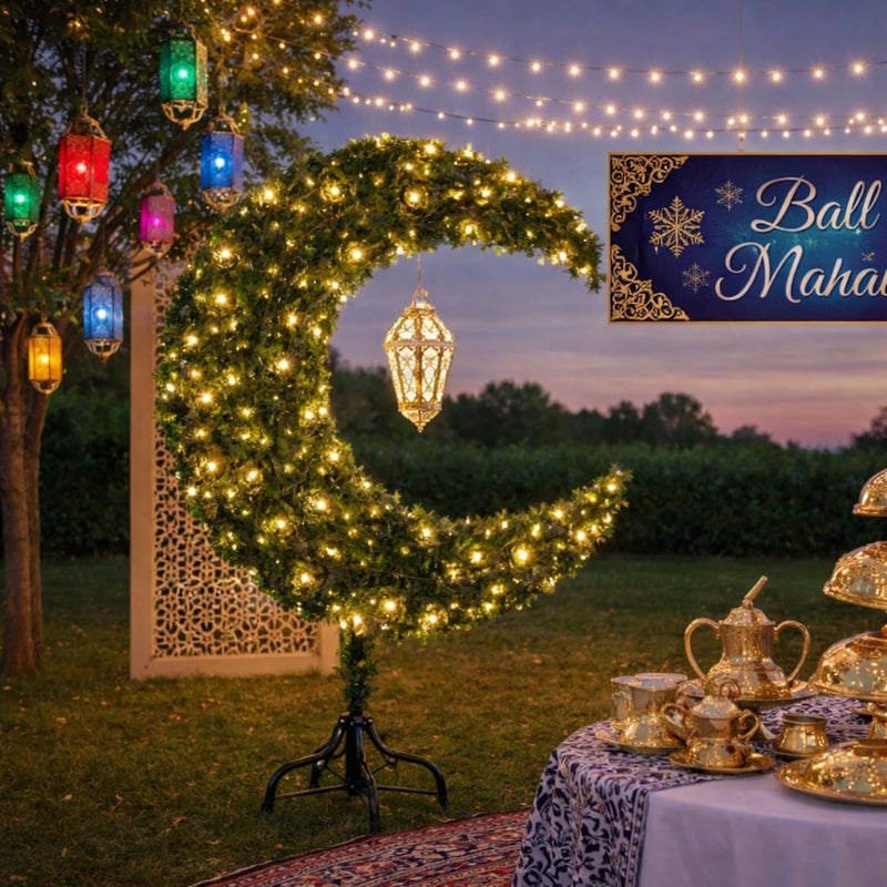 Glooglitter 6ft Ramadan Moon Tree: Lighted Crescent Artificial Tree with Star String LED Eid Outdoor Decoration for Eid Ramadan Garden Home Bedroom Party Decor(Green) - Image 3