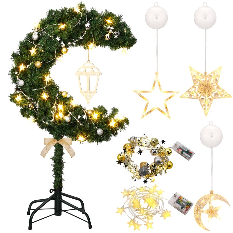 Glooglitter 6ft Ramadan Moon Tree: Lighted Crescent Artificial Tree with Star String LED Eid Outdoor Decoration for Eid Ramadan Garden Home Bedroom Party Decor(Green) - Image 1