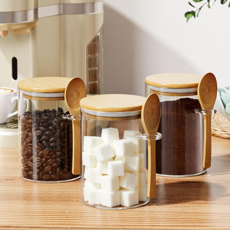 OneDream Glass Sugar Container with Spoon - 1 Pack 15oz Glass Jars with Bamboo Lid and Spoon, Bamboo Lid Storage Jar Containers for Coffee Beans, Spice, Brown Sugar, Tea, Flour, Nuts, Candy, Salts and More - Image 3