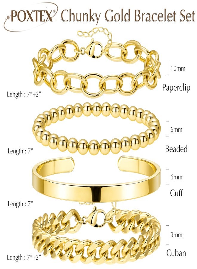 Poxtex أساور ذهبية للنساء، غير قابلة للتلف، أساور أنيقة قابلة للتكديس، أساور مطلية بالذهب قابلة للتكديس مع خرز، مشبك ورق كوبي، حبل ثعبان، سلسلة يد، هدايا مجوهرات للنساء - Image 3