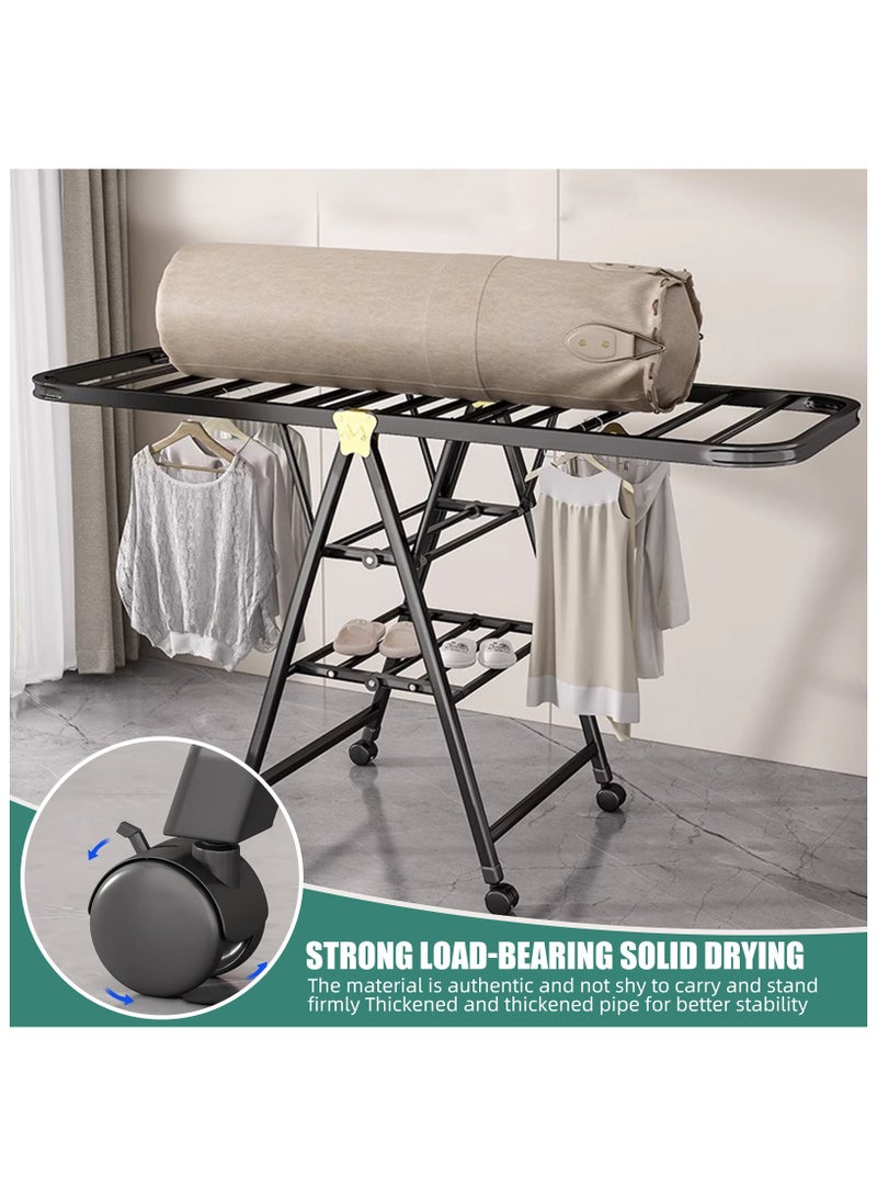 Foldable Clothes Drying Rack, 150 CM 3-Tier Large Carbon Steel Laundry Drying Stand with Adjustable Wings, Indoor Outdoor Collapsible Cloth Dryer for Clothes, Bedding & Shoes, with 4 Castors  - Image 5