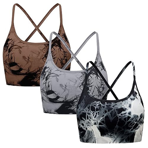 OVESPORT 3 Piece Women's Workout Sports Bras Seamless Tie-dye Strappy Gym Yoga Crop Bra - Image 1