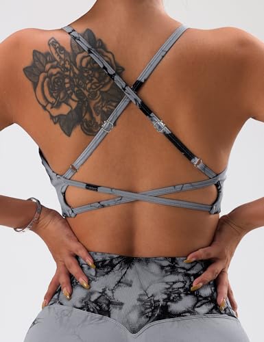 OVESPORT 3 Piece Women's Workout Sports Bras Seamless Tie-dye Strappy Gym Yoga Crop Bra - Image 2
