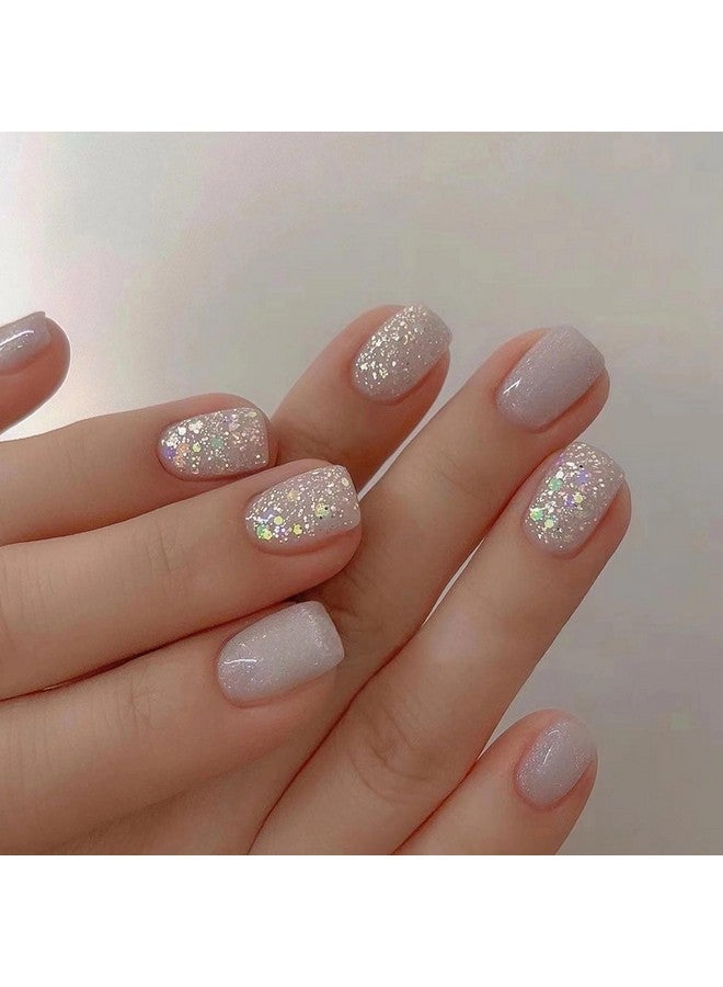 MISUD Short Square Press On Nails Squoval Fake Nails Glossy Glue On Nails Bling Glitter Acrylic Nails Gray Artificial Nails Sparkly Sequins Stick On False Nails With Design 24 Pcs - Image 1