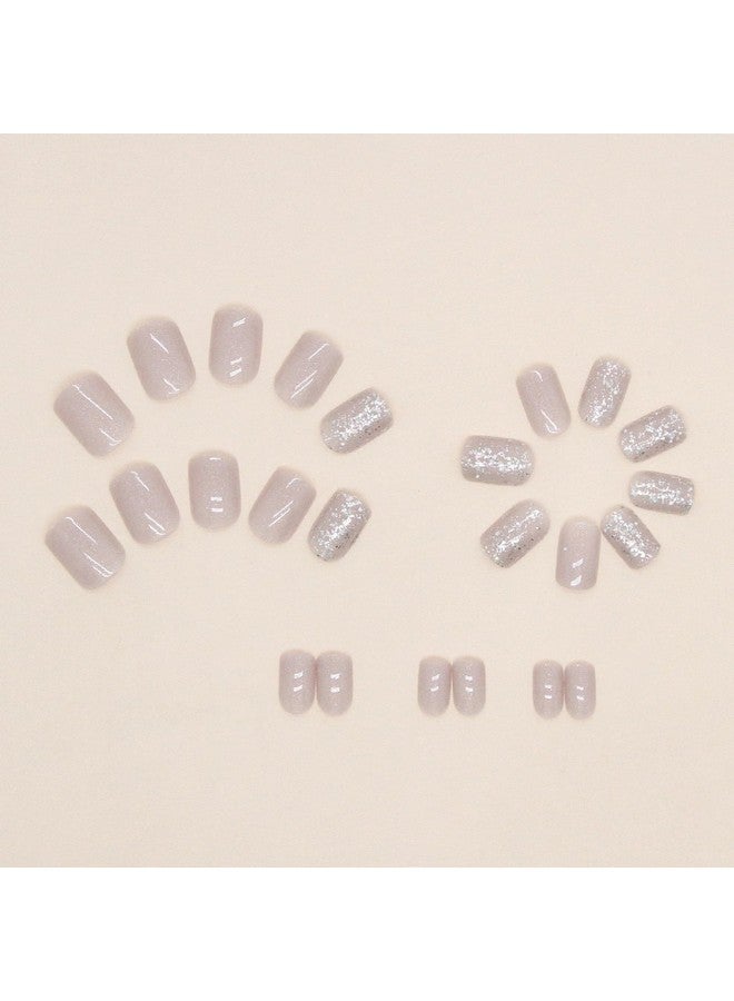 MISUD Short Square Press On Nails Squoval Fake Nails Glossy Glue On Nails Bling Glitter Acrylic Nails Gray Artificial Nails Sparkly Sequins Stick On False Nails With Design 24 Pcs - Image 4