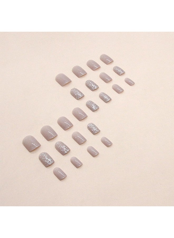 MISUD Short Square Press On Nails Squoval Fake Nails Glossy Glue On Nails Bling Glitter Acrylic Nails Gray Artificial Nails Sparkly Sequins Stick On False Nails With Design 24 Pcs - Image 3
