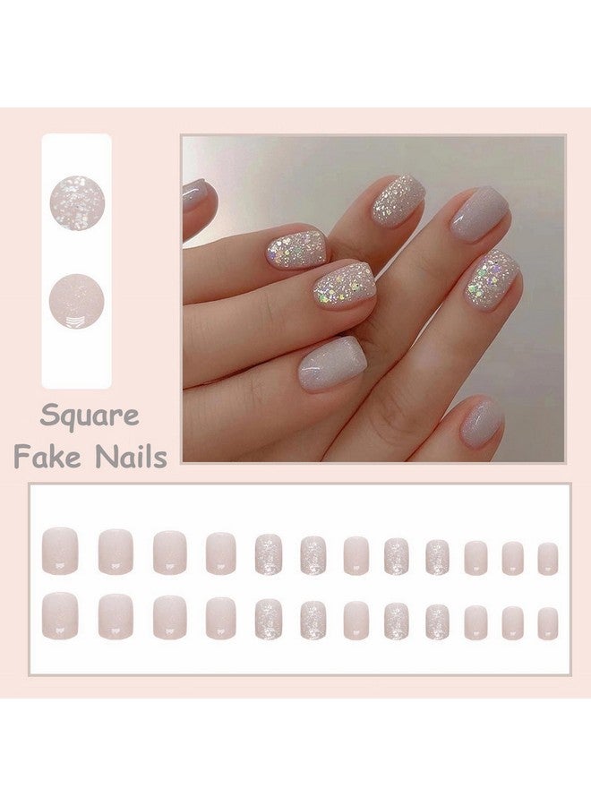 MISUD Short Square Press On Nails Squoval Fake Nails Glossy Glue On Nails Bling Glitter Acrylic Nails Gray Artificial Nails Sparkly Sequins Stick On False Nails With Design 24 Pcs - Image 5