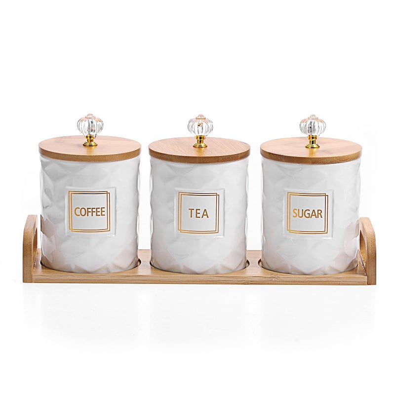 JUXYES Set of 3 Ceramic Canisters Set for Sugar Coffee Tea With Handle Tray Luxurious Storage Containers Sets with Lids Decorative Storage Pots White Ceramic Storage Jar for Kitchen Dining Counter