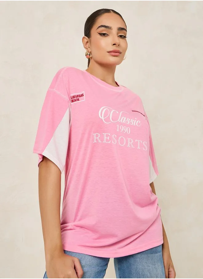 Styli Oversized Classic Resorts Slogan T-Shirt with Embroidery Detail