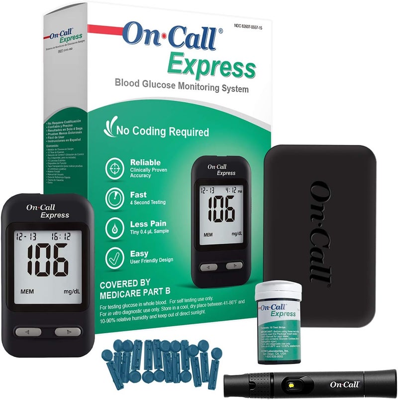 On Call On Call Express Diabetes Testing Kit- Blood Glucose Meter, 10 Blood Test Strips, 1 Lancing Device, 30g Lancets, Control Solution, Carrying Case, Log Book, Black 