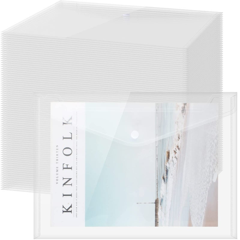 Zhehao 100 Pcs Clear Envelopes with Snap Button Closure A4 Letter Size Plastic Envelope Folder Poly Document File Folders for Home Office(Clear,Simple Style) - Image 1