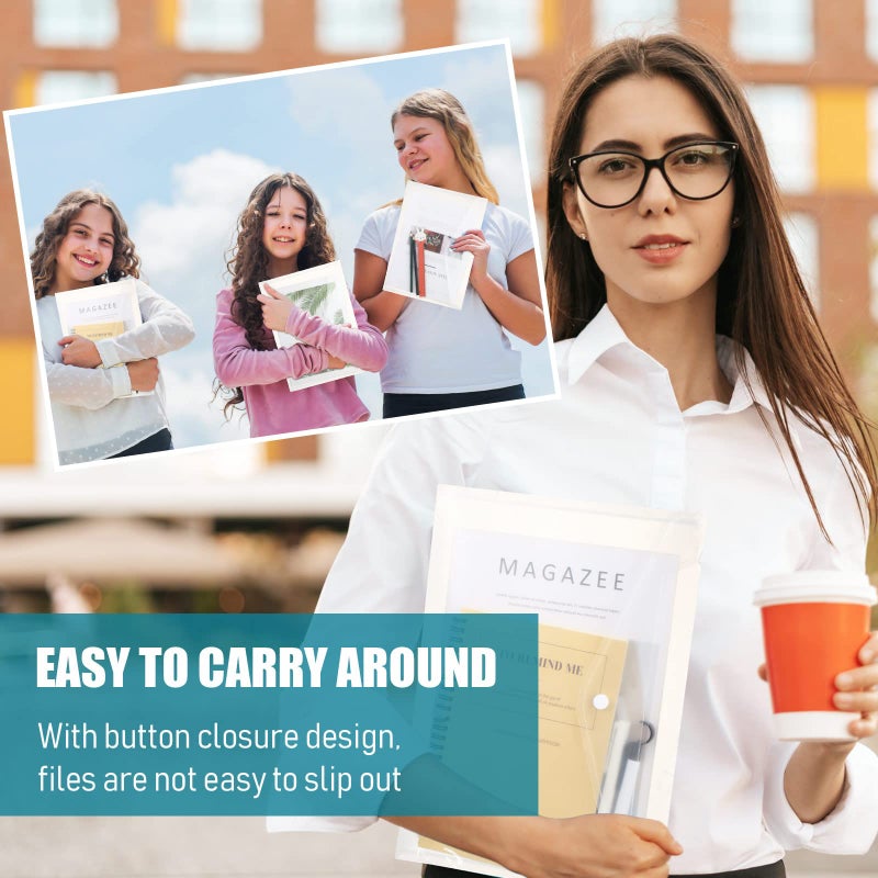 Zhehao 100 Pcs Clear Envelopes with Snap Button Closure A4 Letter Size Plastic Envelope Folder Poly Document File Folders for Home Office(Clear,Simple Style) - Image 2