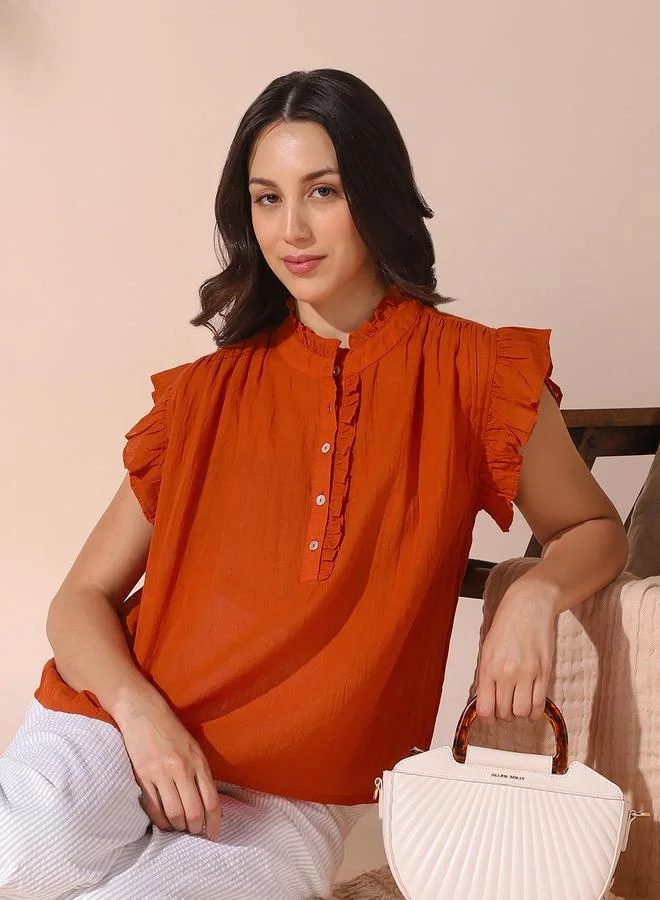 Dennis Lingo Women's Rust 100% Cotton Solid Pattern Regular Fit Tops