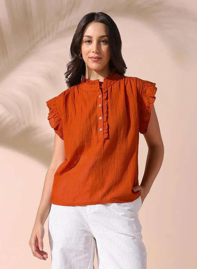 Dennis Lingo Women's Rust 100% Cotton Solid Pattern Regular Fit Tops
