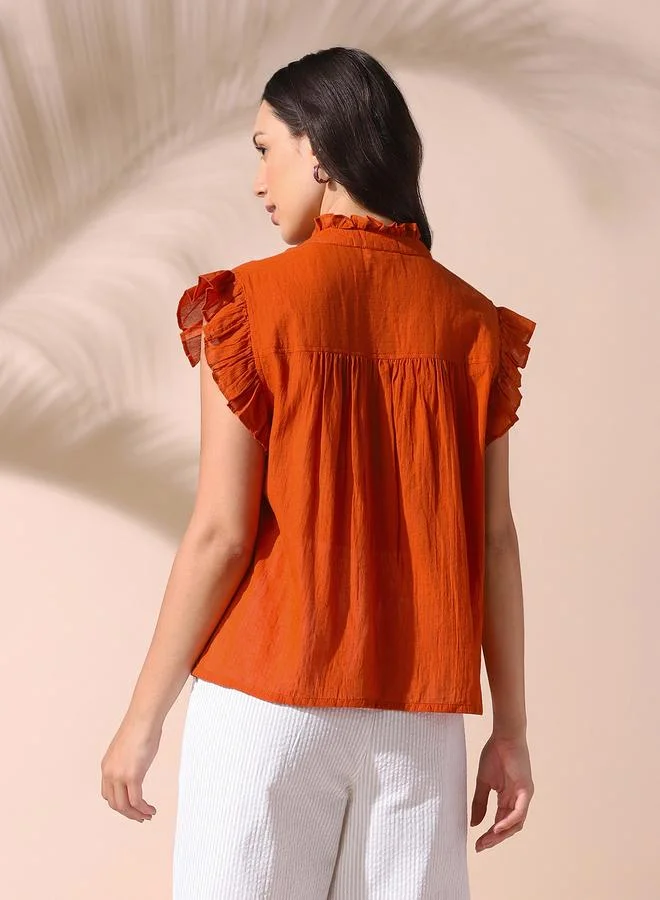 Dennis Lingo Women's Rust 100% Cotton Solid Pattern Regular Fit Tops