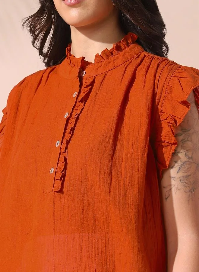 Dennis Lingo Women's Rust 100% Cotton Solid Pattern Regular Fit Tops