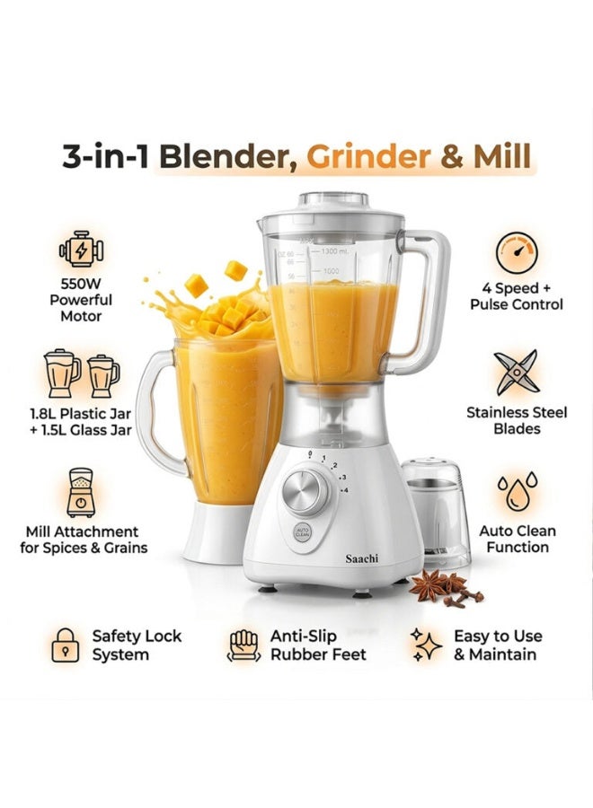 Saachi 3-in-1 Blender NL-BL-4414-WH, 550W, 1.8L Plastic Jar + 1.5L Glass Jar, Grinder Mill, 4-Speed Control, Stainless Steel Blades, Auto Clean, Safety Lock, Multi-Function Blender 1.8 L 550 W NL-BL-4414-WH White - Image 4