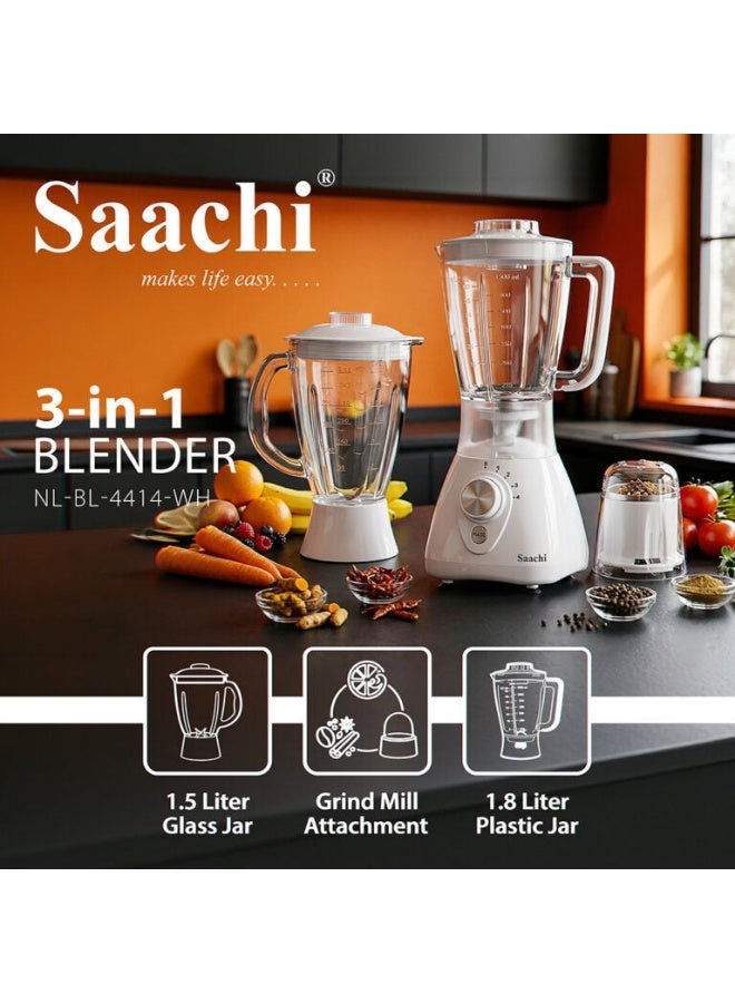 Saachi 3-in-1 Blender NL-BL-4414-WH, 550W, 1.8L Plastic Jar + 1.5L Glass Jar, Grinder Mill, 4-Speed Control, Stainless Steel Blades, Auto Clean, Safety Lock, Multi-Function Blender 1.8 L 550 W NL-BL-4414-WH White - Image 5