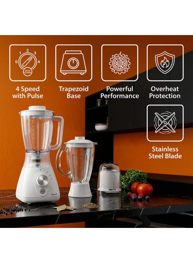 Saachi 3-in-1 Blender NL-BL-4414-WH, 550W, 1.8L Plastic Jar + 1.5L Glass Jar, Grinder Mill, 4-Speed Control, Stainless Steel Blades, Auto Clean, Safety Lock, Multi-Function Blender 1.8 L 550 W NL-BL-4414-WH White - Image 3