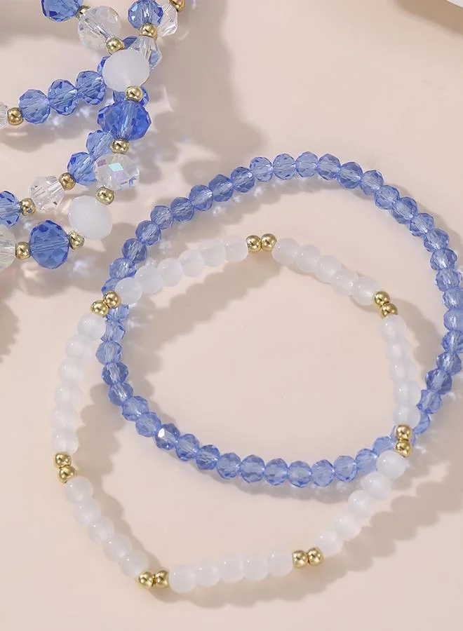 تايك تو Pack of 5 - Blue and White Beaded Elastic Bracelets with Charms