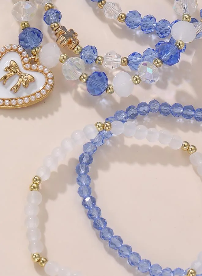 Take Two  Pack of 5 - Blue and White Beaded Elastic Bracelets with Charms for Women | Best Price UAE